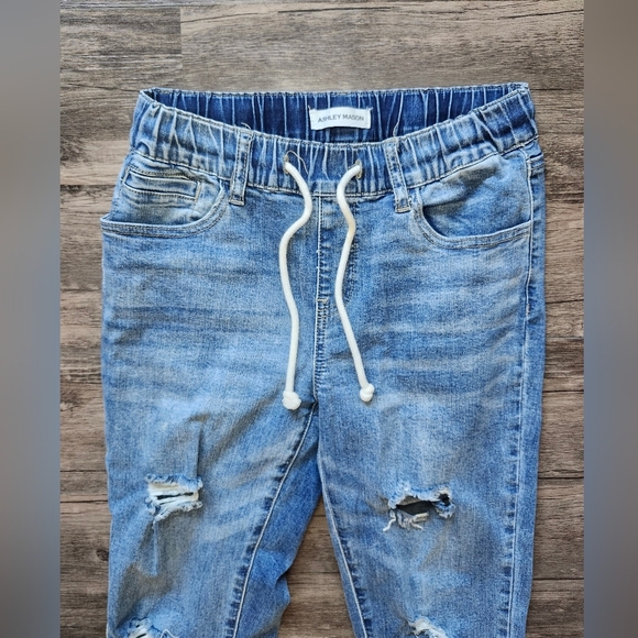 Ashley Mason Medium Wash Distressed Denim Skinny Jeans With Drawstring - Picture 2 of 5